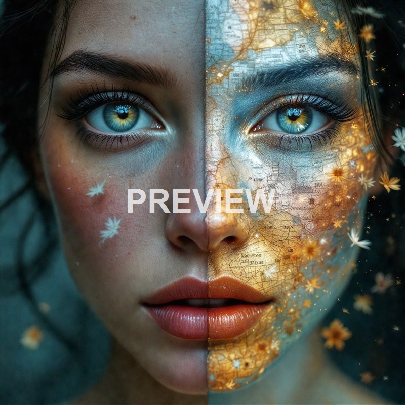 A digitally edited image of a woman's face split into two halves, one showing her natural skin with blue eyes and the other overlaid with a map and glowing effects, creating a surreal and artistic effect.
